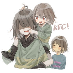  3others :d :| =_= absurdres age_difference ankle_boots antenna_hair arms_at_sides bare_legs black_boots black_shirt black_shorts blue_shirt blush bob_cut boots brown_hair carrying chara_(undertale) child closed_eyes closed_mouth collared_shirt commentary_request cropped_legs cropped_torso deltarune double-parted_bangs facing_ahead finger_in_another's_mouth frisk_(undertale) grabbing_another's_hair green_sweater hair_behind_ear hair_between_eyes highres holding_another's_hair in-franchise_crossover kris_(deltarune) long_sleeves looking_at_another multiple_others no_eyes open_mouth other_focus piggyback pink_shirt puffy_long_sleeves puffy_sleeves red_eyes round_teeth shaded_face shirt short_hair shorts sidelocks simple_background sketch smile soratake_53 striped_clothes striped_shirt striped_sweater sweatdrop sweater swept_bangs tareme teeth tongue two-tone_shirt two-tone_sweater undertale upper_teeth_only utdr_(toby_fox) white_background yellow_sweater 