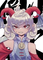  1girl absurdres ahoge bare_shoulders blue_ribbon blue_shirt cocked_eyebrow commentary earrings grey_hair grin hair_between_eyes highres horn_ornament horn_ribbon horns huge_weapon jewelry joblack looking_at_viewer meandros medium_hair over_shoulder parted_lips pointy_ears print_shirt red_eyes red_horns ribbon sharp_teeth shirt smile solo spoon teeth touhou toutetsu_yuuma untranslatable_commentary upper_body weapon weapon_over_shoulder 