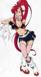  bikini_top boots breasts cleavage fingerless_gloves gloves hair_ornament highres long_hair navel pink_legwear ponytail red_hair redhead scarf short_shorts shorts smile solo tengen_toppa_gurren_lagann thigh-highs thighhighs yellow_eyes yoko_littner 