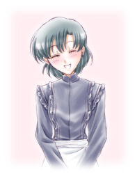  1girl apron bishoujo_senshi_sailor_moon black_hair black_shirt blush_stickers closed_eyes looking_at_viewer lowres mizuno_ami shirt simple_background smile solo takano_saku waitress 