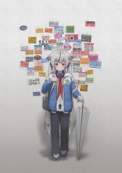  1girl absurdres animal_ear_fluff animal_ears bag bar_phone black_hair blue_archive chinese_school_uniform chinese_track_school_uniform closed_umbrella collared_shirt dsfr expressionless full_body gradient_hair grey_hair halo highres jacket kokona_(blue_archive) long_hair multicolored_hair neckerchief pants phone red_neckerchief school_bag school_uniform shirt shoes sneakers standing streaked_hair track_jacket track_pants twintails umbrella very_long_hair 