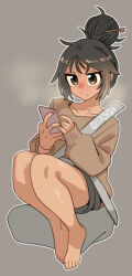  artist_name barefoot brown_eyes brown_hair brown_sweater cellphone commentary ergot full_body grey_shorts hair_bun hair_ornament hair_stick jewelry medium_hair original phone ring seatbelt shorts simple_background sitting smartphone sweater tina_(ergot) wedding_ring 