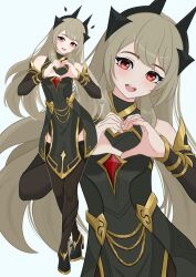  1girl absurdres bare_shoulders black_sleeves black_thighhighs clothing_cutout commentary_request crossed_legs detached_sleeves fake_horns fortnite full_body futatunoniji grey_hair hairband head_tilt heart heart_hands high_heels highres horns lexa_(fortnite) long_hair looking_at_viewer mismatched_eyebrows official_alternate_costume open_mouth pelvic_curtain princess_lexa sidelocks simple_background smile solo thigh-highs thighs very_long_hair watson_cross zettai_ryouiki zoom_layer 