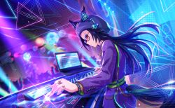  1girl air_shakur_(mag!c_number)_(umamusume) air_shakur_(umamusume) animal_ears artist_request audience beanie belt black-framed_eyewear black_hair bracelet buttons card_commentary chain chain_belt chain_bracelet closed_mouth coat computer cowboy_shot dj ears_through_headwear face_piercing fingernails forehead_piercing from_side game_cg gold_chain gold_ring green_belt happy hat headphones headphones_over_headwear highres horse_ears horse_girl horse_tail horseshoe_ornament indoors instrument jewelry keyboard_(instrument) laptop long_hair long_sleeves multiple_belts multiple_rings music night o-ring o-ring_belt official_alternate_costume official_art orange_eyes piercing playing_instrument purple_coat purple_hat ring shoulder_belt smile solo sparkle spiked_bracelet spikes stage stage_lights stereo sunglasses tail third-party_source umamusume very_long_hair 