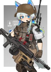  1girl absurdres animal_ear_fluff animal_ears baseball_cap blue_eyes blue_hair blush brown_gloves brown_hat character_request colored_inner_animal_ears colored_inner_hair ears_through_headwear gloves green_streaks hand_up hat headset highres iwasawayuki knee_pads looking_at_viewer multicolored_hair original simple_background streaked_hair tail visor_cap weapon weapon_request white_hair 