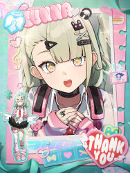  1girl absurdres arm_warmers black_choker black_skirt character_name chinese_commentary choker commentary_request earrings english_text full_body green_eyes green_hair hair_ornament hairclip highres jewelry leg_warmers multiple_views musical_note_earrings necktie official_art open_mouth photo_(object) pink_arm_warmers pink_leg_warmers pink_nails red_necktie ring shirt single_thighhigh skirt smile striped_arm_warmers striped_leg_warmers sunna_(zenless_zone_zero) teeth thank_you thigh-highs torn_clothes torn_thighhighs upper_teeth_only white_shirt white_thighhighs wings zenless_zone_zero 