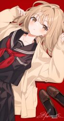  1girl artist_name black_sailor_collar black_serafuku black_skirt brown_cardigan brown_eyes brown_hair cardigan collarbone commentary_request dot_nose eyes_visible_through_hair highres huyunora loafers long_hair long_sleeves looking_at_viewer lying neckerchief on_back open_cardigan open_clothes open_mouth original parted_lips pleated_skirt red_background red_neckerchief sailor_collar school_uniform serafuku shoes signature simple_background skirt sleeves_past_wrists solo 
