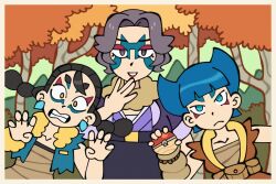  3girls autumn_leaves billspooks black_hair blue_hair blue_jacket brown_jacket charm_(pokemon) claw_pose clenched_teeth clover_(pokemon) coin_(pokemon) commentary english_commentary eyeshadow facepaint forest frown fur-trimmed_collar fur-trimmed_jacket fur_collar fur_trim grey_hair hair_horns hand_to_own_mouth hand_up hands_up highres hisuian_poke_ball holding holding_poke_ball jacket leaf lipstick long_hair looking_at_viewer makeup multi-tied_hair multiple_girls nature outdoors parted_lips poke_ball pokemon pokemon_legends:_arceus purple_jacket red_eyeshadow red_lips sarashi short_hair smile teeth torn_clothes torn_jacket torn_sleeve twintails 