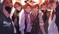  6+boys black_hair black_hoodie black_mask buttons clothes_writing collared_shirt commentary fangs flower glasses gradient-tinted_eyewear green_scarf grey_shirt grin heterochromia highres holostars hood hood_up hoodie lapels male_focus mask mole mole_under_eye mouth_mask multicolored_hair multiple_boys multiple_persona necktie official_alternate_costume one_eye_closed open_clothes open_mouth open_vest orange_eyes orange_flower orange_hair orange_necktie partially_unbuttoned red_necktie round_eyewear san_3_t scarf shawl_lapels shirt sleeves_past_wrists sleeves_rolled_up smile suit tinted_eyewear unbuttoned unbuttoned_shirt undone_necktie upper_body vest violet_eyes virtual_youtuber waistcoat white_shirt yukoku_roberu yukoku_roberu_(1st_costume) yukoku_roberu_(5th_costume) yukoku_roberu_(6th_costume) yukoku_roberu_(fall/winter) 