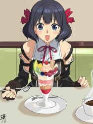  1girl belt_buckle black_gloves black_hair black_shirt blue_eyes bow buckle cherry coffee coffee_mug collared_shirt couch cup elbow_gloves english_commentary fingerless_gloves food fork fruit gloves hair_bow highres holding holding_spoon ice_cream indoors kiwi_(fruit) kiwi_slice kosuke_ida looking_at_food medium_hair melon melon_slice mug nageki_no_bourei_wa_intaishitai neck_ribbon on_couch open_mouth parfait plate red_bow red_ribbon restaurant ribbon saucer shirt signature sitting sleeveless sleeveless_shirt smile solo spoon steam strawberry strawberry_slice table tino_shade twitter_username white_shirt 