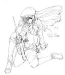  boots character_request copyright_request graphite_(medium) greyscale gun jacket long_hair monochrome open_clothes senshuu_kaoru sitting traditional_media weapon 