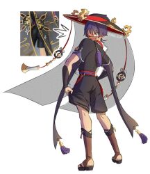  1boy adversarial_noise armor arms_at_sides artist_name bag black_hat black_sandals black_shorts black_sleeves blunt_ends blush choppy_bangs embarrassed fangs from_behind full_body furisode genshin_impact gold grey_veil hat highres japanese_armor japanese_clothes jingasa kimono kote kurokote layered_sleeves looking_back looking_down male_focus o-ring open_mouth purple_bag purple_hair purple_sash purple_sleeves red_hat red_sash riina_606 sandals sash scaramouche_(genshin_impact) short_sleeves shorts skin_fangs solo standing stirrup_legwear toeless_legwear two-tone_hat veil white_background zouri 