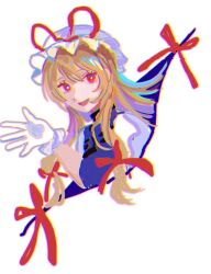  1girl blonde_hair commentary dress english_commentary gap_(touhou) gloves hat highres long_hair looking_at_viewer mixed-language_commentary mob_cap mutsuki_(mutuki_99) purple_tabard red_eyes solo tabard touhou white_dress white_gloves white_hat yakumo_yukari 