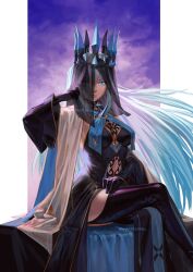  1girl absurdres artist_name black_boots black_dress black_gloves black_sleeves black_veil blue_cape blue_eyes blue_eyeshadow blue_hair boots border breasts cape closed_mouth crossed_arms crown detached_sleeves dress eyeshadow fate/apocrypha fate/grand_order fate_(series) feet_out_of_frame floating_hair garter_straps gloves gold_trim gradient_hair grey_hair hair_between_eyes hand_on_own_face hand_up highres leather leather_gloves lips long_hair long_sleeves looking_at_viewer makeup medium_breasts morgan_le_fay_(fate) morgan_le_fay_(fate/apocrypha) multicolored_hair outside_border pink_background purple_background see-through_clothes see-through_veil sidelocks sitting sleeveless sleeveless_dress solo thigh_boots ttyhart two-tone_background two-tone_hair veil very_long_hair white_border white_cape wide_sleeves 