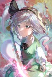  1girl abstract_background black_bow black_hairband bow buttons commentary_request dress dual_wielding glint green_dress grey_eyes hairband highres holding holding_sword holding_weapon katana konpaku_youmu multicolored_hair puffy_sleeves signature sword touhou weapon white_hair 