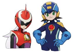  2boys armor assault_visor blue_bodysuit blue_helmet bodysuit brown_hair cowboy_shot green_eyes hands_on_own_hips helmet long_hair looking_at_viewer male_focus mega_man_(series) mega_man_battle_network_(series) megaman.exe multiple_boys netnavi noro_zt protoman.exe red_armor red_helmet short_hair simple_background smile spiky_hair upper_body white_background white_hair 
