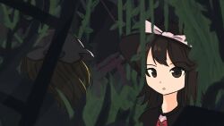  absurdres black_capelet black_hat blonde_hair bow bowtie brown_eyes brown_hair capelet cyanaqua english_commentary hat hat_bow highres long_hair maribel_hearn medium_hair mob_cap open_mouth parted_lips plant red_bow red_bowtie shirt space_station star_(sky) torifune_(touhou) touhou trojan_green_asteroid usami_renko vines white_bow white_hat white_shirt 