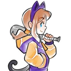  1girl a_hat_in_time animal_ear_hairband animal_ears baseball_bat black_tail blue_eyes brown_hair cat_ear_hairband cat_ears closed_mouth fake_animal_ears fake_tail from_side hair_tie hairband hand_in_pocket hat_kid holding holding_baseball_bat hood hood_down hooded_jacket jacket jenna_brown long_hair long_sleeves looking_at_viewer looking_to_the_side multicolored_jacket official_alternate_costume over_shoulder ponytail purple_hairband purple_jacket sidelocks smile solo tail two-tone_jacket upper_body watercolor_effect weapon weapon_over_shoulder white_background yellow_jacket zipper_pull_tab 