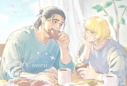  2boys aqua_sweater badeni black_hair blonde_hair bn_noru cherry_blossoms chi.:_chikyuu_no_undou_ni_tsuite coffee_mug commentary_request cup curtains eating falling_petals food food_on_face grey_shirt hair_bun half_updo head_on_hand highres holding holding_cup holding_food looking_at_another male_focus medium_hair mug multiple_boys oczy petals plant potted_plant scar scar_on_face scar_on_mouth scar_on_nose shirt sleeves_rolled_up sweater twitter_username upper_body watermark 