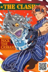  1boy black_gloves black_headband blue_eyes blue_pants blue_shirt clash_(stand) commentary_request cup english_text fish gloves headband highres holding holding_cup jojo_no_kimyou_na_bouken looking_at_viewer male_focus on_one_knee orange_hair pandemonista pants qr_code shark sharp_teeth shirt short_hair sleeveless sleeveless_shirt solo squalo stand_(jojo) striped_clothes striped_shirt teeth vento_aureo vertical-striped_clothes vertical-striped_shirt water 