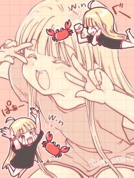  1girl absurdres ahoge amitukichi arms_up black_shirt blush bracelet cho_kaguya-hime! closed_eyes commentary_request crab crying double_w grid_background highres jewelry kaguya_(cho_kaguya-hime!) long_shirt multiple_views open_mouth red_eyes shirt smile streaming_tears tears twitter_username w 