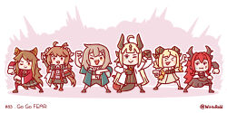  6+girls :> :< :d animal_ears arknights artist_name blonde_hair blue_eyes brown_eyes brown_hair cat_ears cat_girl chibi chibi_only closed_mouth commentary demon_girl demon_horns dragon_girl dragon_horns english_commentary english_text eyjafjalla_(arknights) firewhistle_(arknights) grey_hair highres horns ifrit_(arknights) long_hair multiple_girls one_eye_closed pink_eyes red_hair reed_(arknights) sheep_ears sheep_girl sheep_horns skyfire_(arknights) smile surtr_(arknights) twitter_username v-shaped_eyebrows violet_eyes wittle_red 
