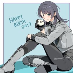  1girl bang_dream! bang_dream!_it's_mygo!!!!! black_hair black_pants blue_background blue_eyes blush boots closed_mouth commentary food grey_boots grey_jacket happy_birthday highres holding holding_food jacket medium_hair nanami_(nunnun_0410) outdoors pants simple_background sitting solo timoris_(bang_dream!) white_background yahata_umiri 