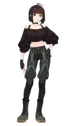  1girl absurdres antenna_hair arm_at_side bare_shoulders black_choker black_eyes black_gloves black_pants blunt_bangs blunt_ends bob_cut boots breasts brown_hair choker cigarette closed_mouth collarbone combat_boots commentary crop_top crop_top_overhang denim earclip english_commentary eyelashes eyeliner fingerless_gloves full_body gloves green_boots hand_on_own_hip highres inverted_bob jeans june_kim knee_boots kuso_otoko looking_at_viewer makeup medium_breasts midriff mouth_hold navel off-shoulder_shirt off_shoulder pants ringed_eyes shirt simple_background solo standing strap three-quarter_sleeves unlit_cigarette_in_mouth uragoner white_background wide_sleeves 