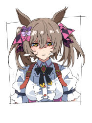  1girl animal_ears black_ribbon bow breasts breath brown_hair center_frills collared_shirt commentary_request durindana_7 frills hair_bow highres horse_ears horse_girl long_hair looking_down medium_breasts neck_ribbon parted_lips puffy_short_sleeves puffy_sleeves purple_bow ribbon shirt short_sleeves simple_background smart_falcon_(love_4ever)_(umamusume) smart_falcon_(umamusume) solo sweat twintails umamusume upper_body white_background white_shirt yellow_eyes 