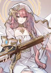  1girl absurdres ambience_synesthesia arknights bridal_gauntlets chinese_commentary closed_mouth commentary_request cowboy_shot detached_wings disembodied_hand dress facial_mark gold_collar gold_trim grey_background gun halo highres holding holding_weapon lemuen_(arknights) lemuen_(requiem_vesperis)_(arknights) long_hair looking_at_viewer mark_under_eye nan'ou official_alternate_costume pink_eyes pink_hair rifle sitting smile solo star_pendant teardrop_facial_mark traditional_halo veil weapon white_dress white_veil wings 