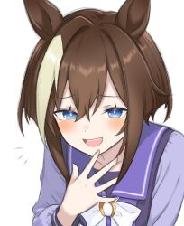  1girl animal_ears blue_eyes blush bow bowtie brown_hair cheval_grand_(umamusume) commentary_request hair_between_eyes horse_ears horse_girl horseshoe_ornament looking_at_viewer multicolored_hair nanasedayoxd open_mouth purple_sailor_collar sailor_collar sailor_shirt school_uniform shirt short_hair short_hair_with_long_locks sidelocks simple_background smile smug solo streaked_hair tracen_school_uniform umamusume white_background white_bow white_bowtie white_streaks 