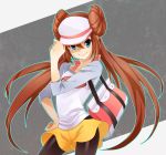  blue_eyes brown_hair double_bun female_protagonist_(pokemon_bw2) hand_on_hip less_(neverheaven) long_hair mei_(pokemon) pantyhose pokemon pokemon_(game) pokemon_bw2 raglan_sleeves shorts skirt solo twintails visor_cap 