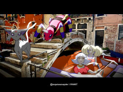  2girls annie_(pokemon) ariados blonde_hair bridge closed_mouth collar collarbone commentary espeon grey_hair hair_over_one_eye jewelry letterboxed looking_up mayotsunamayo multiple_girls necklace oakley_(pokemon) photo_background pokemon pokemon_(anime) pokemon_(classic_anime) pokemon_(creature) pokemon_heroes:_latios_&amp;_latias red_eyes red_shirt shirt short_sleeves smile twitter_username venice 
