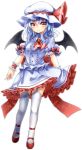  ascot bat_wings blue_eyes brooch fang frills full_body garter_straps hat highres jewelry kanzaki_maguro light_smile mary_janes red_eyes remilia_scarlet shoes short_hair simple_background smile solo sparkle thigh-highs thighhighs touhou white_legwear wings wrist_cuffs zettai_ryouiki 