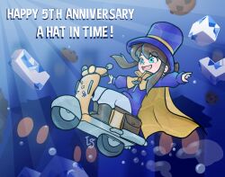  1girl :d a_hat_in_time blue_background blue_eyes blue_umbrella boots brown_boots brown_hair bubble cape child commentary cookie copyright_name crescent english_commentary english_text food full_body happy_anniversary hat hat_kid hat_ribbon highres jacket long_hair long_sleeves looking_ahead motor_vehicle on_scooter open_mouth outstretched_arms pants ponytail princesskuutti purple_hat purple_jacket ribbon scooter sidelocks signature sitting smile solo spread_arms star_(symbol) sticker telescope top_hat tower umbrella white_pants yellow_cape yellow_ribbon zipper zipper_pull_tab 