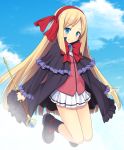  1girl blonde_hair blue_eyes blue_sky clouds cloudy_sky coat hairband highres holding long_hair looking_at_viewer original pleated_skirt school_uniform skirt sky smile solo staff yamasan 