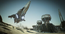  3d aircraft airship attack_ship_(eve_online) autodesk_3ds_max_(medium) building caldari_state_(eve_online) clear_sky corax_(eve_online) day desert destroyer_(eve_online) dust eve_online fictional_aircraft flying glowing haoliang_yang highres kaalakiota_corporation_(eve_online) no_humans outdoors photoshop_(medium) realistic sand scenery science_fiction sky spacecraft thrusters unreal_engine_(medium) 