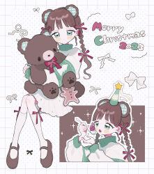  1girl animal_ears bear_ears bear_girl bear_tail blunt_bangs blush_stickers bow bowtie braid brown_hair brown_shoes closed_mouth commentary_request eating fang food fruit full_body green_eyes hair_bow highres holding holding_spoon holding_stuffed_toy kneehighs long_hair long_sleeves looking_at_viewer merry_christmas multiple_views niyu_(nennenkorori3) open_mouth original polka_dot polka_dot_background red_bow red_bowtie shoes socks solo spoon strawberry stuffed_animal stuffed_toy sweater tail teddy_bear turtleneck turtleneck_sweater twin_braids white_background white_bow white_socks white_sweater 