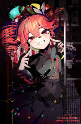  1girl ahoge balloon blush buttons chocojax commentary_request cowboy_shot cropped_jacket drill_hair finger_to_cheek finger_to_face grey_jacket grey_skirt grin hair_between_eyes highres jacket kasane_teto kasane_teto_(sv) ladder long_skirt looking_at_viewer navel red_eyes red_hair skirt smile solo spotlight synthesizer_v twin_drills utau 