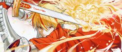  1boy absurdres blonde_hair braid braided_sidelock cape chinese_commentary commentary dated excalibur_(fate/strange_fake) fate/strange_fake fate_(series) fighting_stance fire gauntlets gradient_background highres holding holding_sword holding_weapon lion looking_down lower_teeth_only male_focus multicolored_hair open_mouth red_cape red_eyes richard_i_(fate) short_hair signature single_sidelock solo streaked_hair sword teeth upper_body weapon white_background yisjhui 