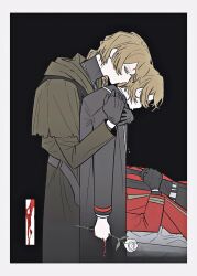 1other 2boys a_certain_sinclair_(project_moon) belt black_gloves black_pants black_shirt blonde_hair closed_eyes coat colored_eyelashes commentary_request crying dante_(limbus_company) dual_persona gloves green_coat highres hug hug_from_behind limbus_company low_ponytail multiple_boys pants ponytail project_moon red_coat shirt sinclair_(project_moon) tama_launcher undershirt white_belt 