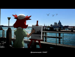  1girl bianca_(pokemon_heroes) brown_hair commentary day drawing_(action) drawing_(object) fence flipped_hair green_shirt hat holding latias latios letterboxed mayotsunamayo outdoors photo_background pokemon pokemon_(anime) pokemon_(classic_anime) pokemon_(creature) pokemon_heroes:_latios_&amp;_latias shirt short_sleeves sketchbook sky twitter_username two_side_up venice water white_hat 