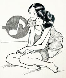  2girls artist_name bare_arms barefoot behind_another closed_mouth commentary_request crossed_wrists crosshatching dated dolphin_shorts dress eighth_note greyscale hand_on_another's_thigh hatching_(texture) kneehighs leaning_forward linear_hatching long_hair looking_at_another monochrome multiple_girls musical_note open_mouth original ponytail short_shorts short_sleeves shorts sitting smile socks tank_top traditional_media yokozuwari zpihr6jprso2r2l 