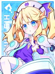  1girl ? absurdres aijiro83 bare_shoulders blonde_hair blue_eyes blue_necktie blush boots character_name circuit_board_print commentary_request detached_sleeves dress fairy fairy_wings hair_between_eyes hand_up hat highres histoire long_hair looking_at_viewer necktie neptune_(series) nurse_cap open_mouth purple_dress sitting_on_book solo thigh_boots twintails wings 