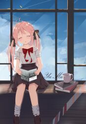  1girl absurdres black_ribbon black_skirt blush book bow closed_eyes cloud_background commentary_request cup expression hair_ornament highres holding holding_book kano_mahoro mug on_table pink_hair quality reading red_bow ribbon school_uniform shirt sitting_on_windowsill skirt sky_day stack_of_books table twintails upper_body virtual_youtuber white_shirt yu_ling_(linglan97596507) 