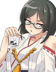  1girl black_hair blue-framed_eyewear bob_cut breasts detached_sleeves glass glasses grey_eyes highres ice ice_cube kantai_collection kirishima_(kancolle) medium_breasts nekotarou_(nktr299) nontraditional_miko ribbon-trimmed_sleeves ribbon_trim short_hair simple_background solo upper_body white_background 