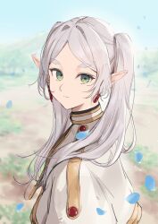  1girl absurdres blue_petals closed_mouth commentary_request earrings elf frieren green_eyes highres jewelry long_hair ogura_tubuan outdoors petals pointy_ears sousou_no_frieren teardrop_earrings twintails upper_body white_hair 