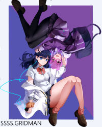  2girls absurdres bag black_hair black_pantyhose black_skirt blue_eyes border bow bowtie breasts broken_eyewear brown_shoes cardigan commentary copyright_name earphones glasses gridman_universe highres holding holding_phone jacket large_breasts long_hair long_sleeves looking_at_viewer medium_hair multiple_girls mynzbn open_cardigan open_clothes open_mouth orange_scrunchie outside_border pantyhose phone pink-framed_eyewear pink-tinted_eyewear pleated_skirt purple_background purple_bow purple_bowtie purple_hair purple_jacket purple_skirt red_bow red_bowtie red_eyes red_socks school_bag school_uniform scrunchie shinjou_akane shirt shoes short_sleeves skirt sleeves_past_wrists smile socks ssss.gridman takarada_rikka thighs tinted_eyewear white_border white_cardigan white_shirt wrist_scrunchie 