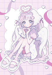  1girl :t absurdres blunt_bangs blush_stickers closed_mouth commentary_request dress full_body grey_eyes grid_background halo heart heart_halo heart_hands highres knees_up long_hair looking_at_viewer niyu_(nennenkorori3) original outline pink_background pink_hair pink_halo pink_shirt pink_shorts pink_socks ribbed_socks sandals shirt short_shorts short_sleeves shorts sitting socks solo teardrop two_side_up very_long_hair white_dress white_outline white_sandals 