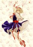  alice_margatroid blonde_hair blue_eyes bow capelet dress floral_background flower hairband high_heels highres knek lips pantyhose shoes solo string touhou white_legwear wrist_cuffs 